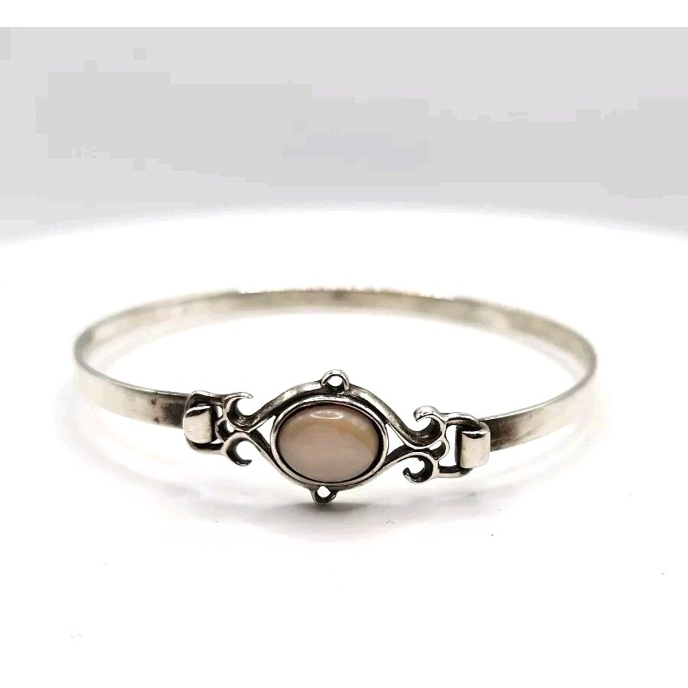 Sterling Silver 925 Peach Moonstone Bracelet Openwork Stackable 7.5" Vintage